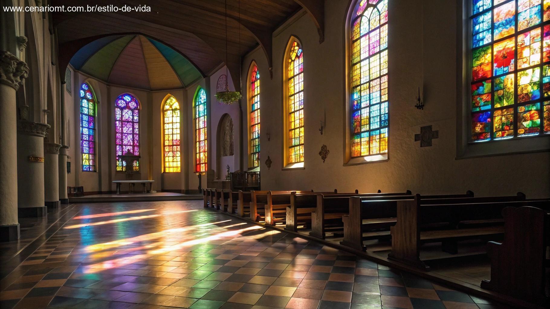 Imagem do interior de uma igreja tranquila com vitrais coloridos.