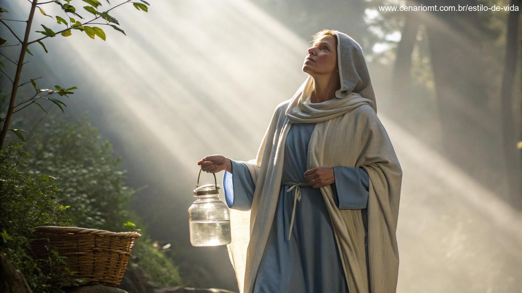 Santa Fotina com vestes sagradas e um jarro de água, envolta em luz celestial.
