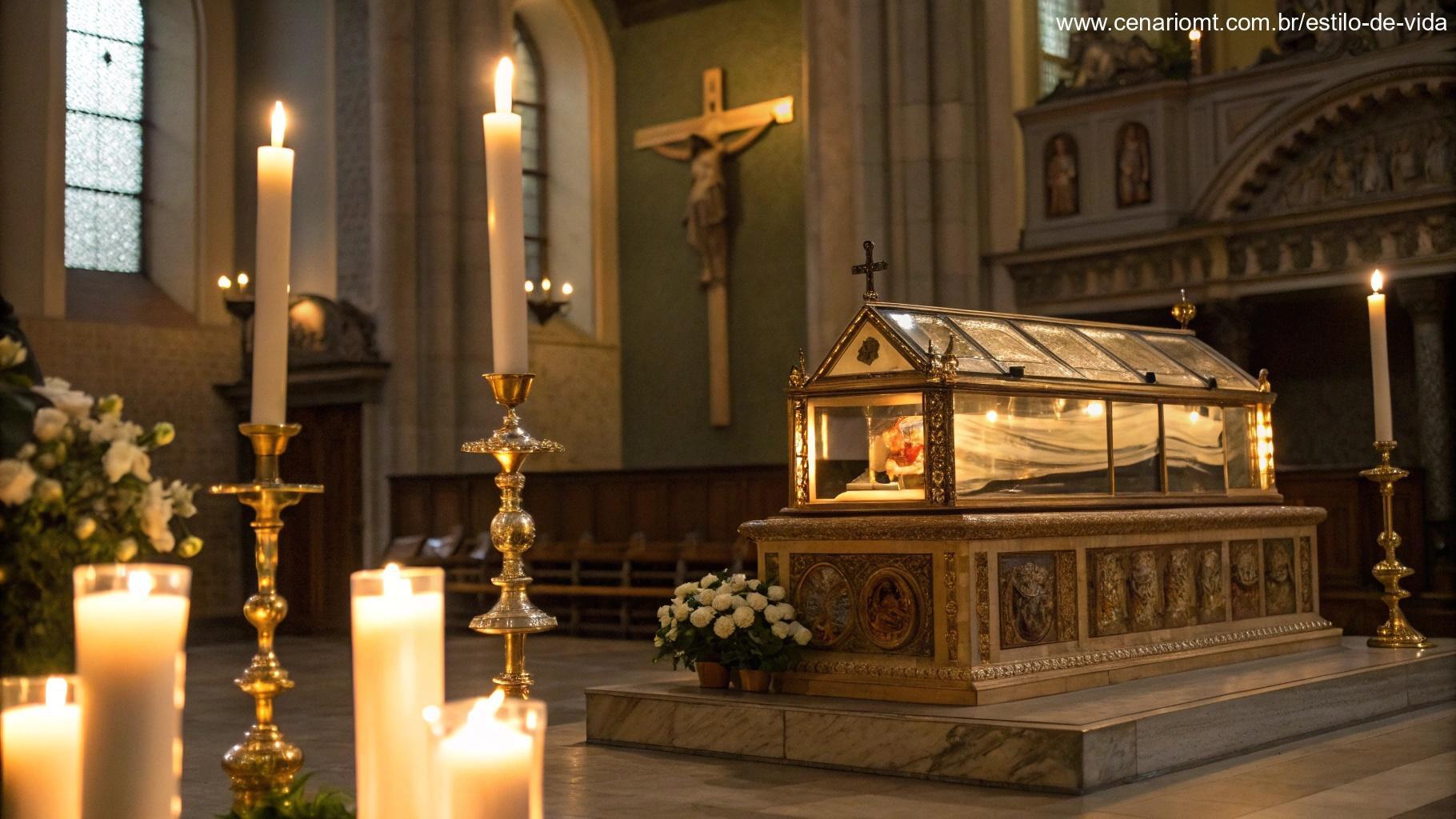 Cena pacífica com relíquias de santo expostas em uma igreja, rodeadas de velas e luz suave, evocando um sentido de reverência e espiritualidade.