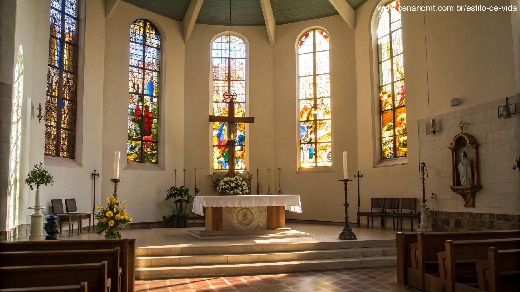 Altar de igreja iluminado pela luz natural, criando uma atmosfera serena para oração.