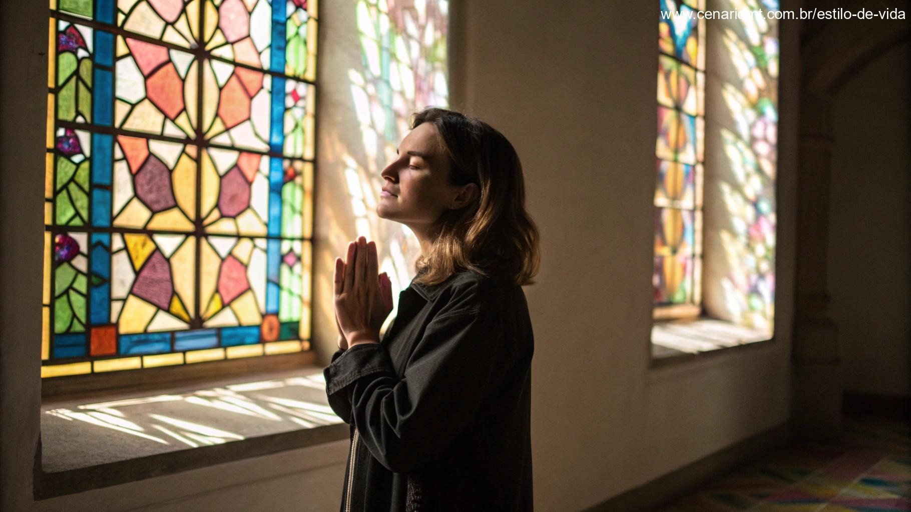 Retrato bonito de uma mulher em oração, diante de uma janela de vitral. A luz passa pelo vitral, criando padrões coloridos no chão, simbolizando força e fé.