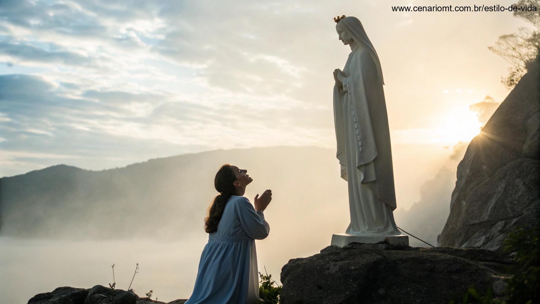 Arte espiritual representando a intercessão de Nossa Senhora com luz etérea.
