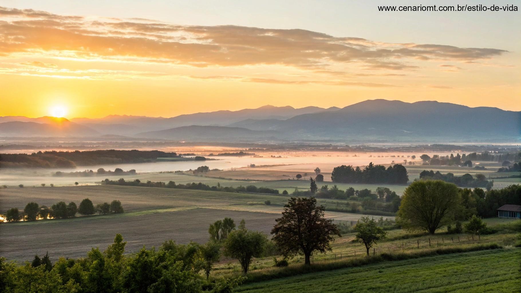 O nascer do sol sobre uma paisagem tranquila, com os primeiros raios iluminando campos e montanhas ao longe.
