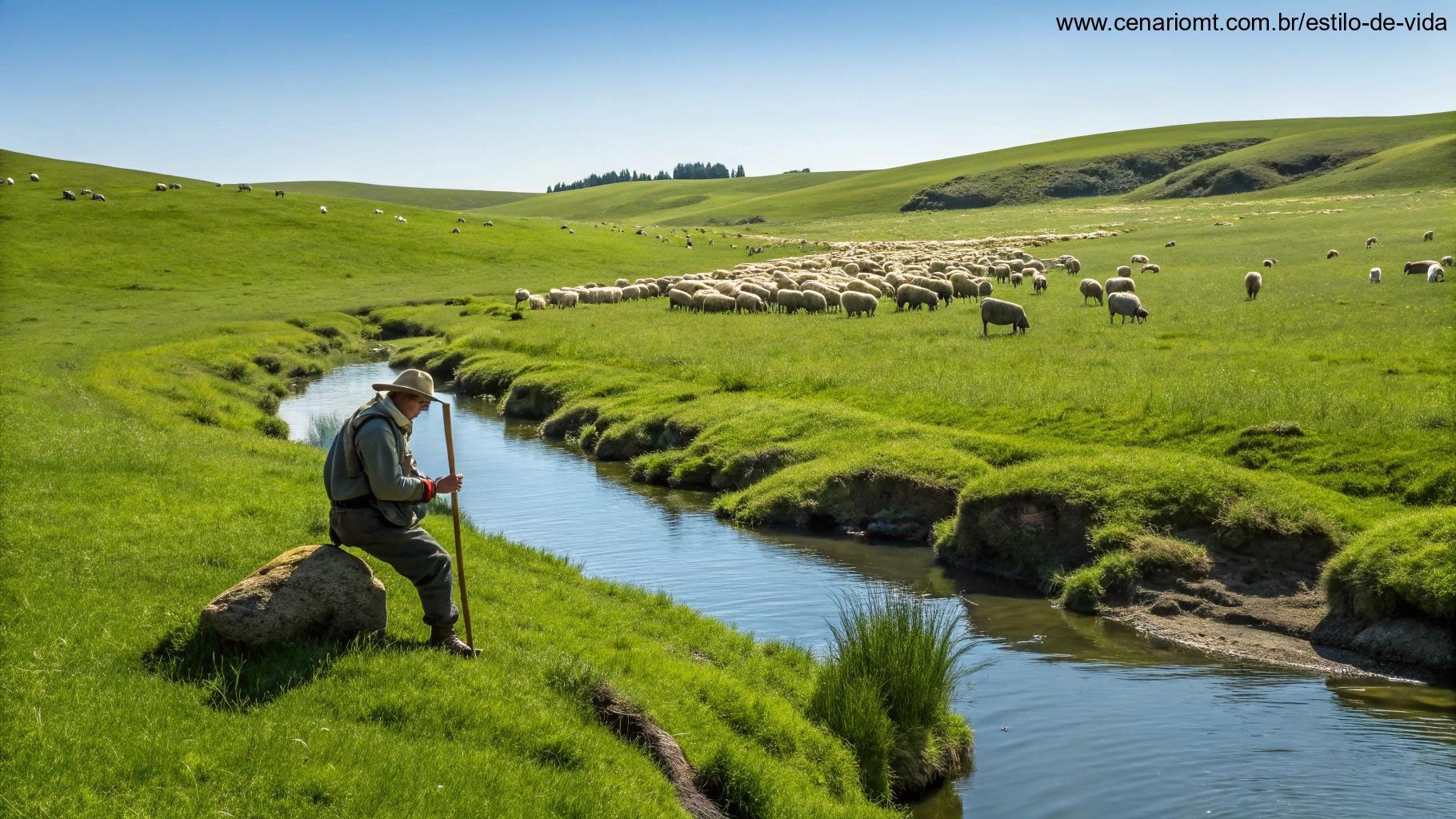 Lago calmo e tranquilo, rodeado por colinas verdes e névoa suave, simbolizando o conforto e a orientação do Salmo 23.
