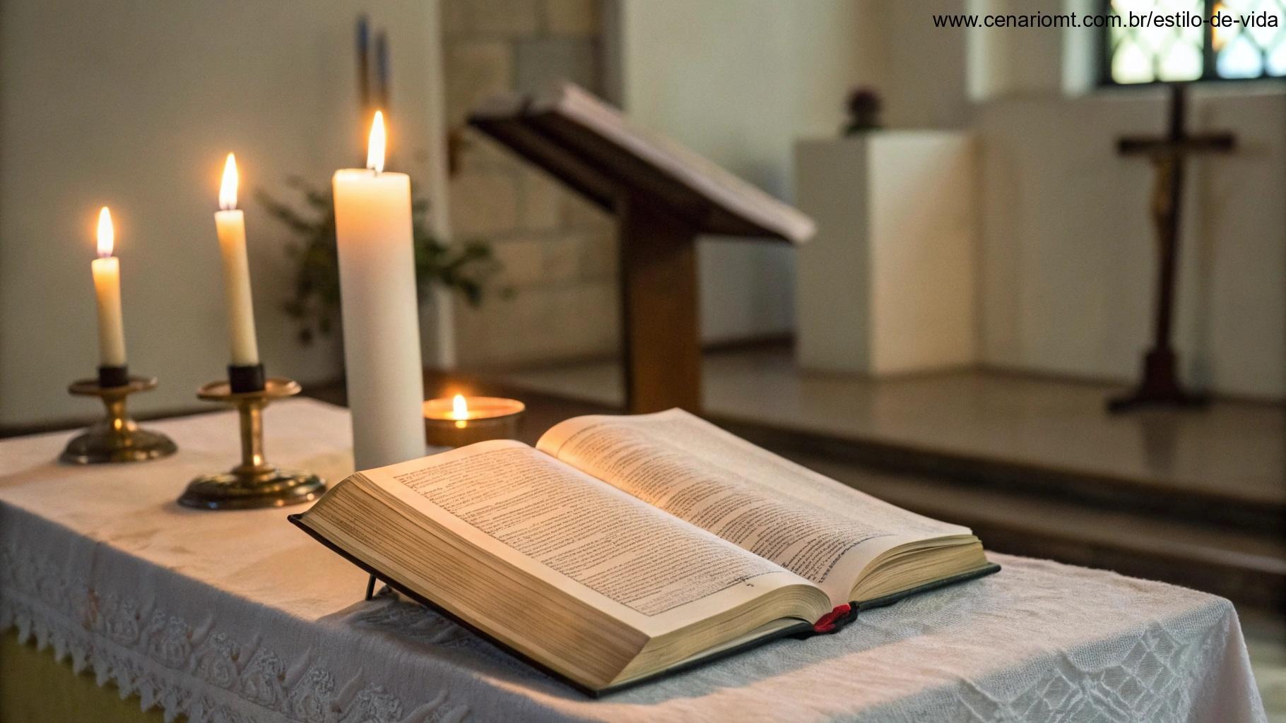 Um altar com velas acesas e uma Bíblia aberta em uma passagem, com luz suave iluminando as páginas, representando a conexão entre o versículo de hoje e a liturgia.