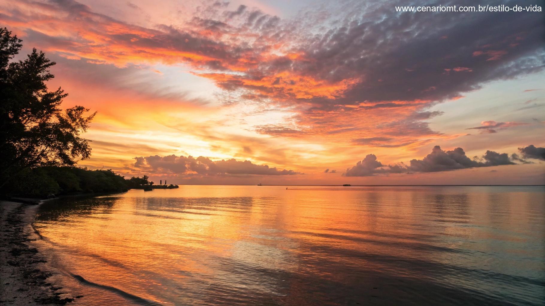 Um lindo pôr do sol sobre o oceano tranquilo, com o céu preenchido com cores quentes e a água refletindo suavemente essas cores.