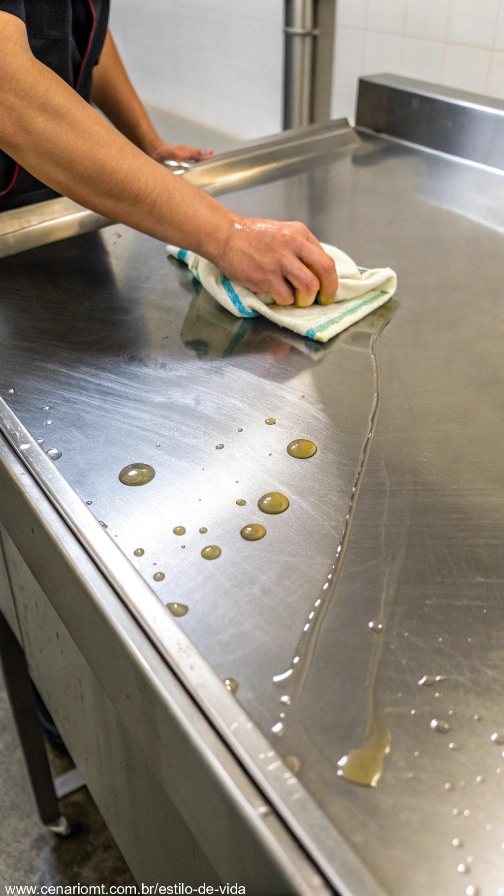 Óleo vegetal sendo usado para limpar aço inox.