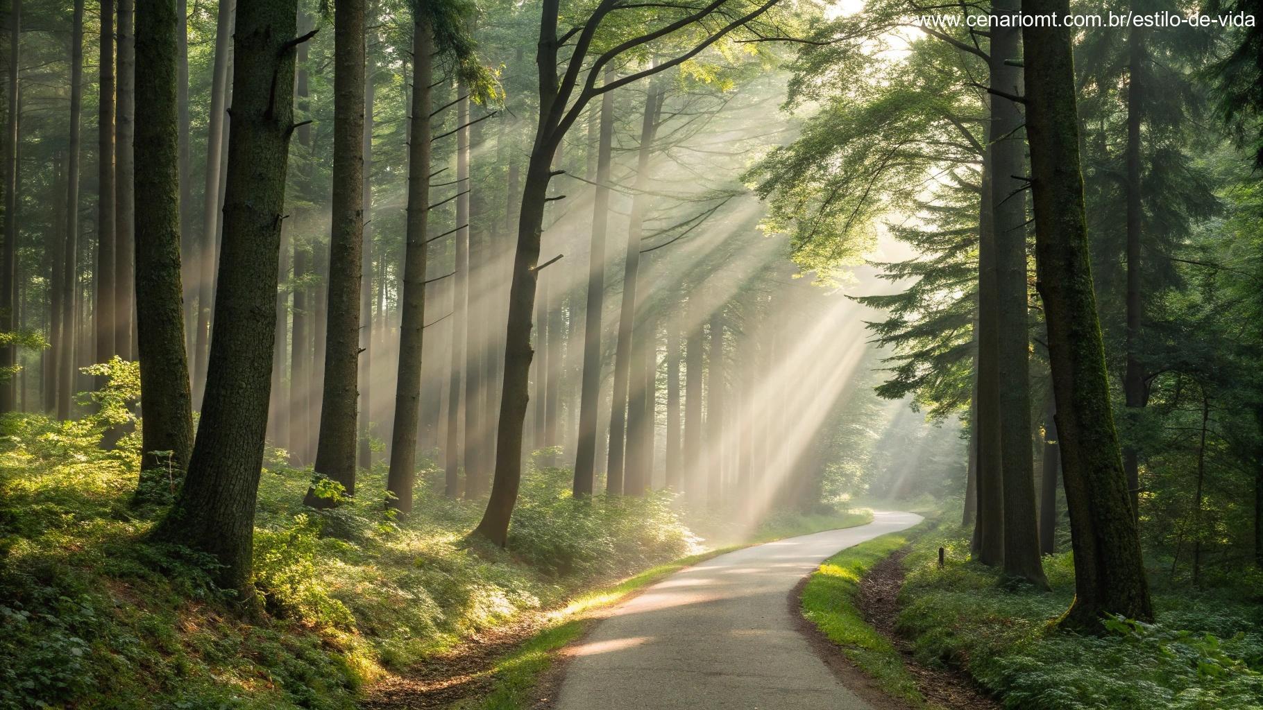 Caminho tranquilo na floresta, simbolizando crescimento espiritual