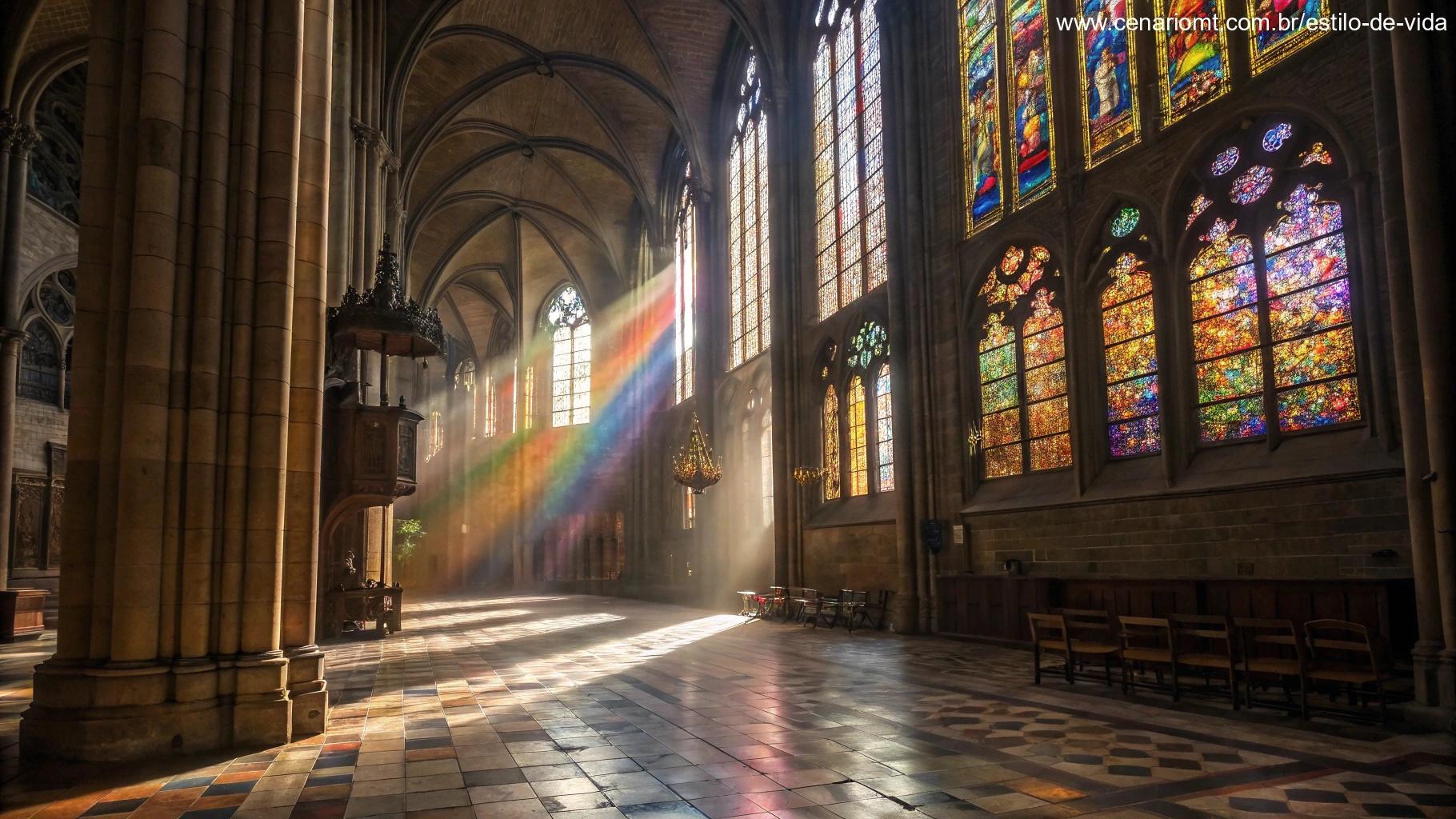 Imagem de uma catedral católica com luz suave filtrando pelas janelas de vitrais.