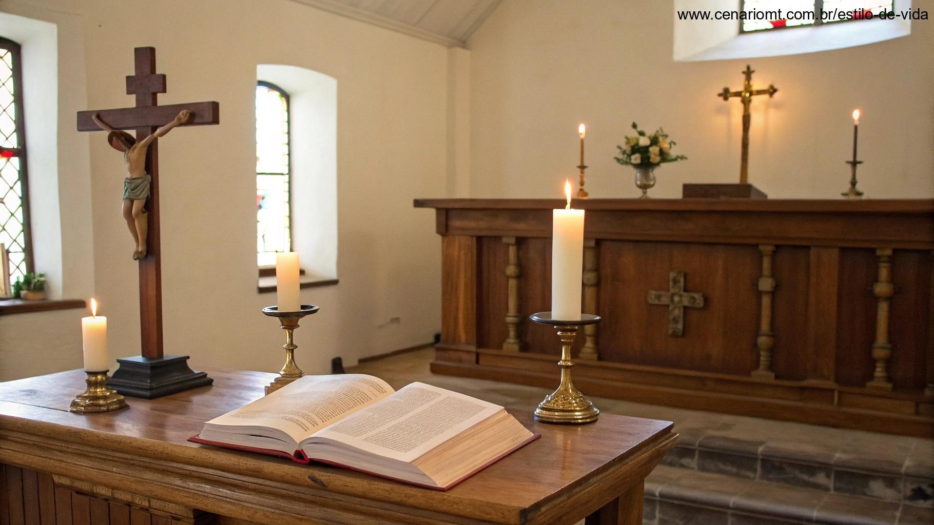 Espaço católico de oração com velas, uma cruz e uma Bíblia aberta em um altar de madeira.