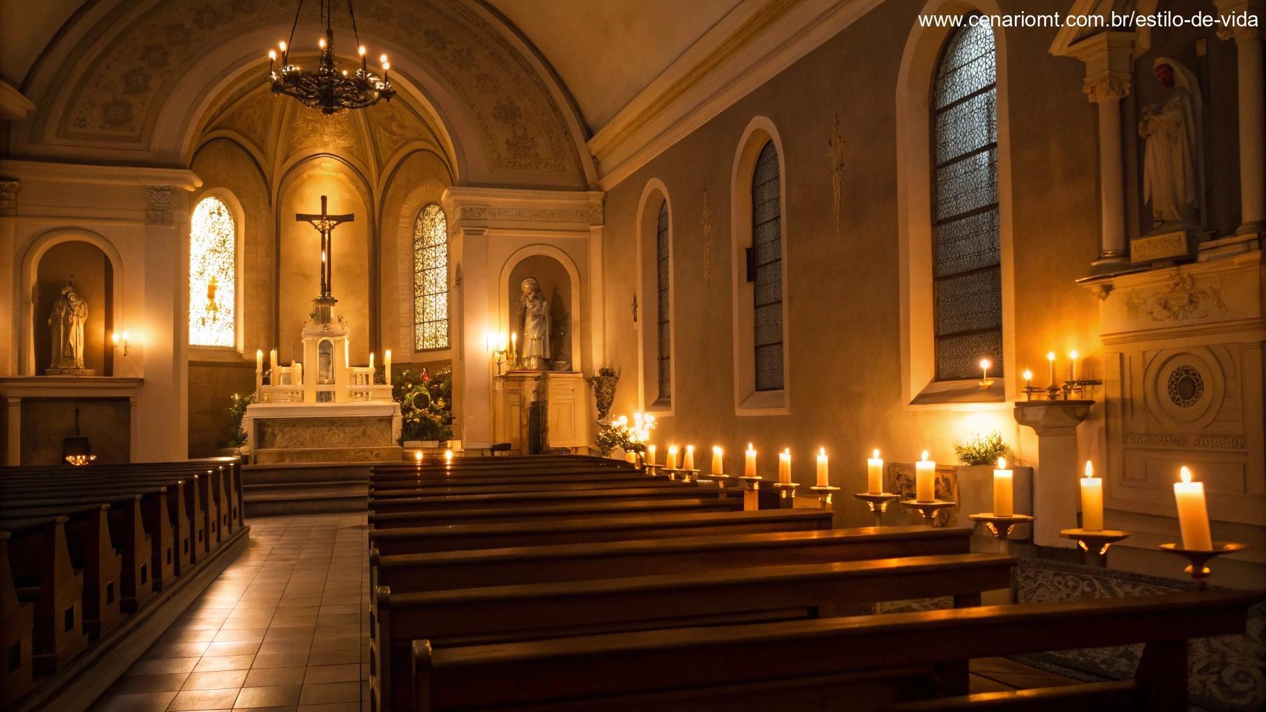 Capela católica com iluminação suave e velas acesas, criando um ambiente tranquilo para a oração de sexta-feira.