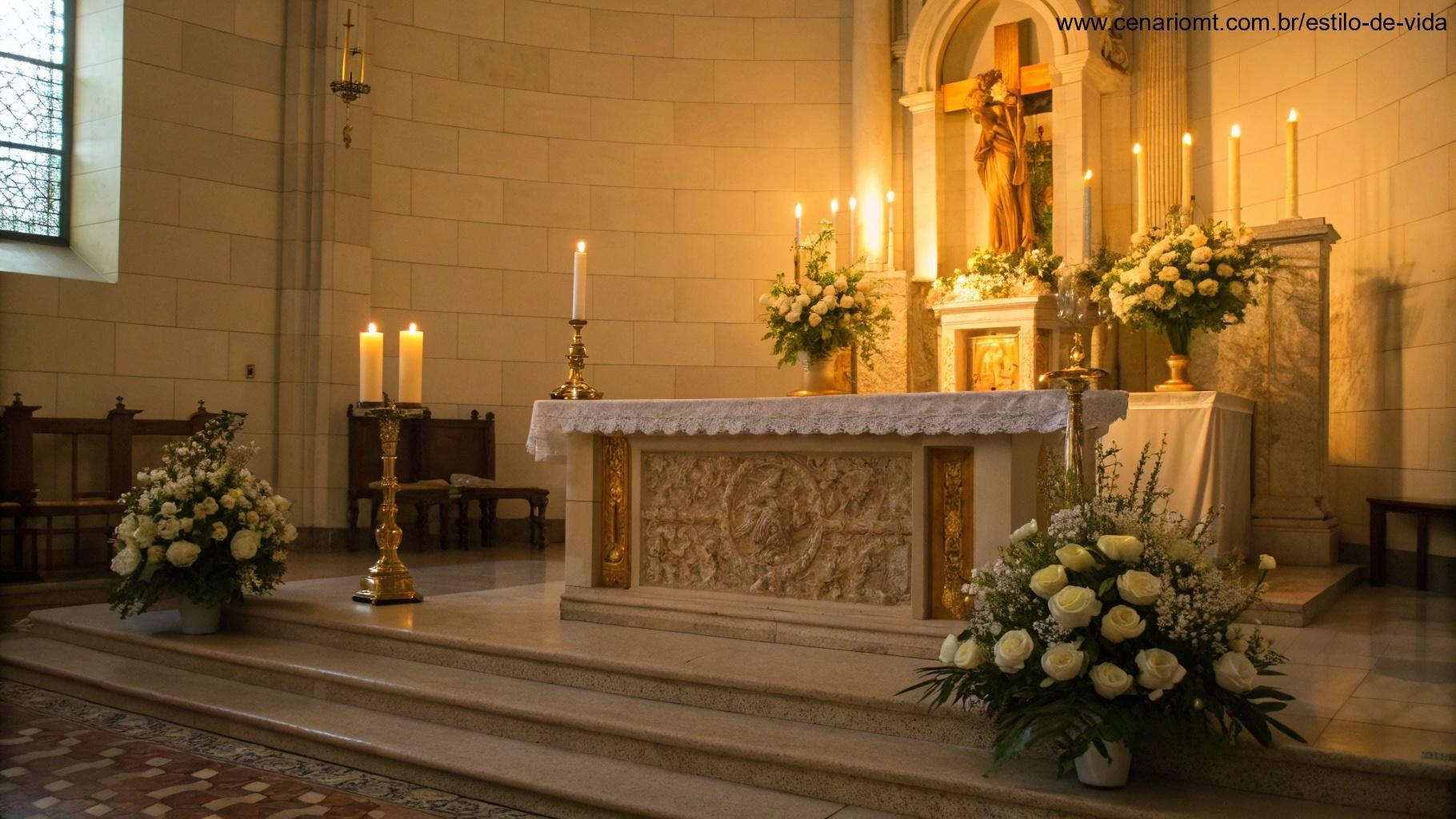 Altar católico com velas acesas, luz dourada suave iluminando o espaço, criando um ambiente tranquilo e sagrado para oração, com arranjos florais delicados ao redor.