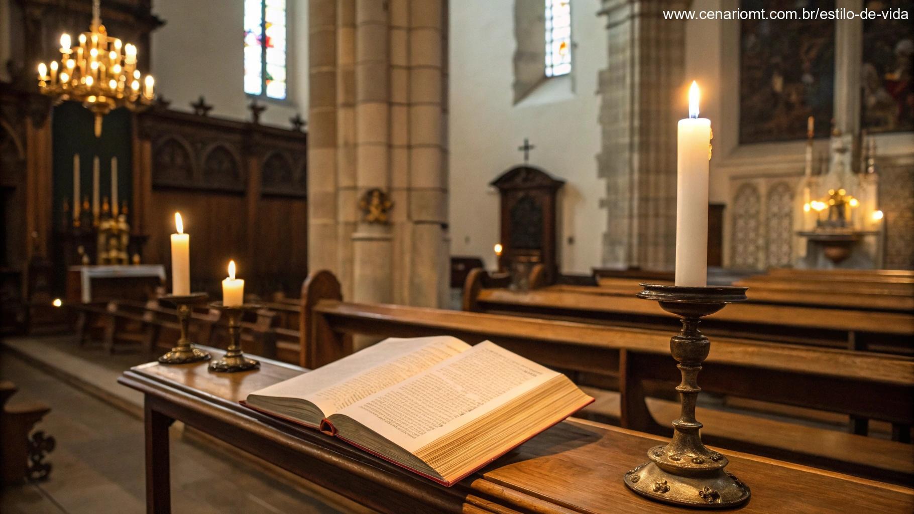 Interior de uma igreja católica tradicional com velas acesas, uma Bíblia aberta em um banco de madeira e uma luz suave iluminando o altar.