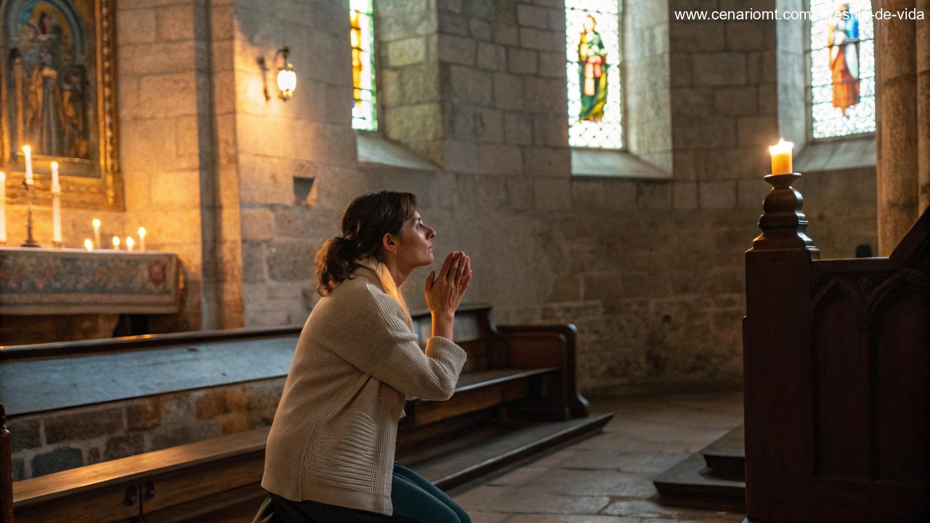 Mulher católica ajoelhada em uma igreja antiga, cercada por velas acesas.