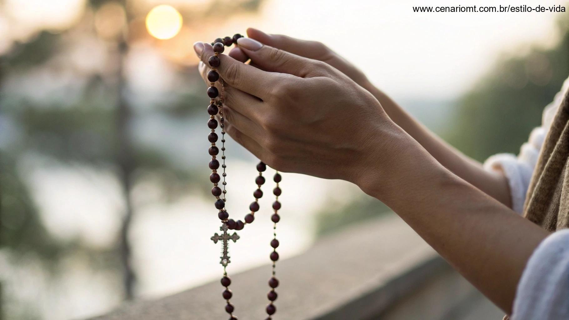 Close-up de mãos segurando um terço, com fundo suave, evocando devoção e espiritualidade.