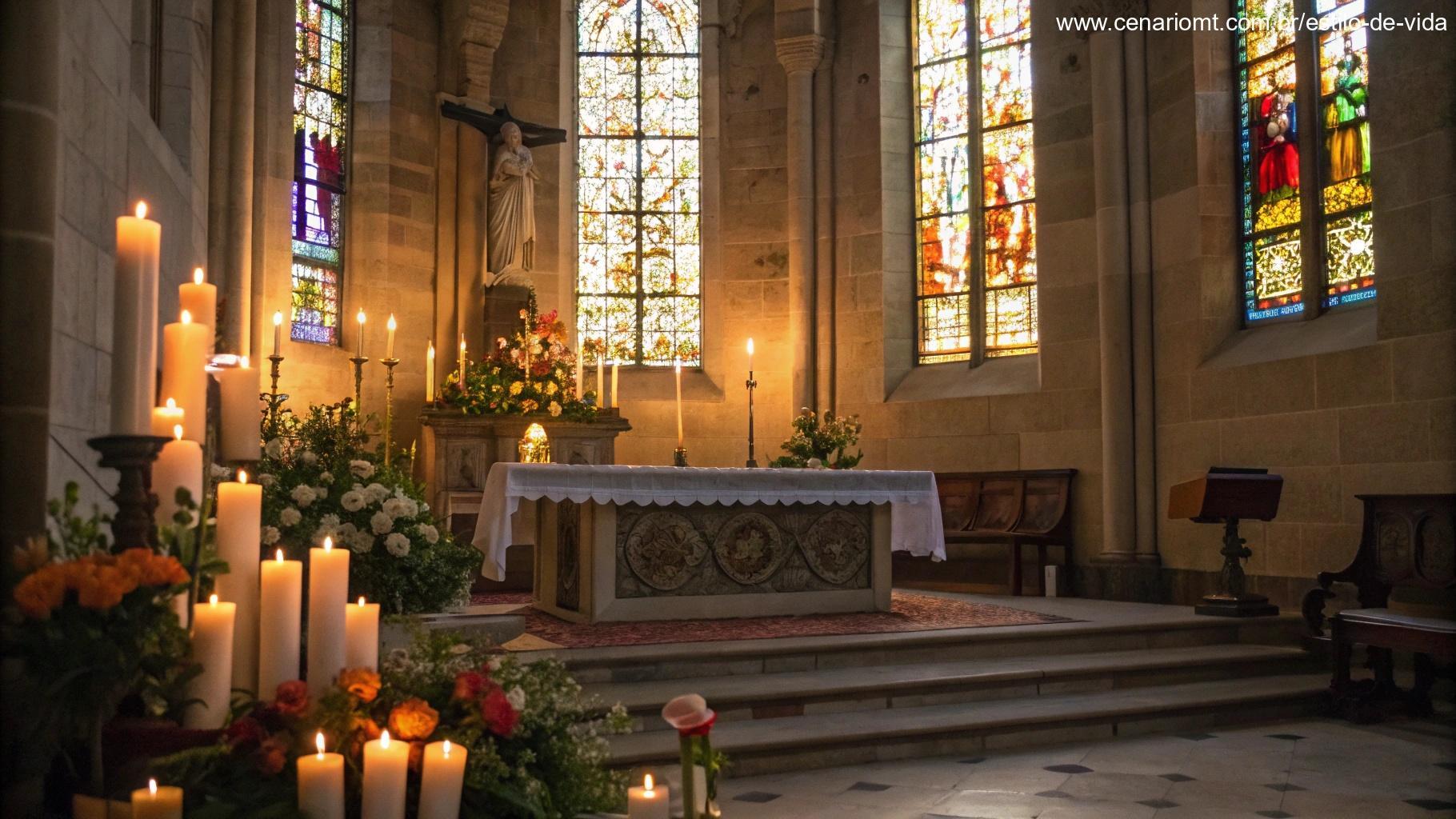 Interior de uma igreja católica tradicional com velas acesas, vitrais coloridos e um altar silencioso decorado com flores