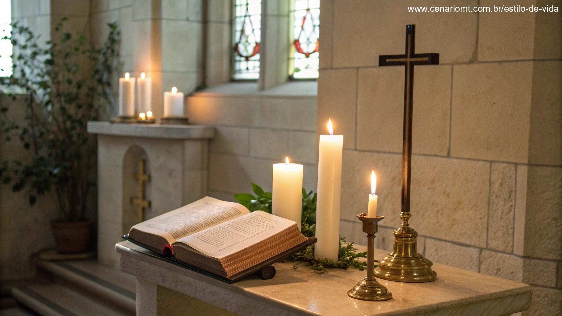 Altar com velas e Bíblia, criando uma atmosfera de oração católica na sexta-feira.