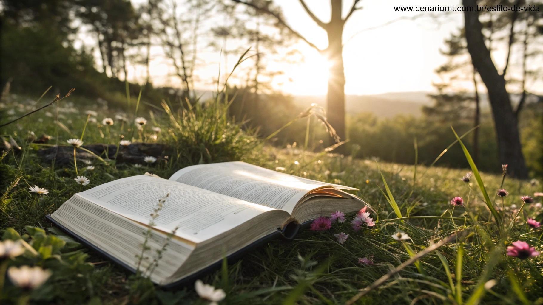 Uma Bíblia aberta com luz do sol sobre as páginas, cercada pela natureza.