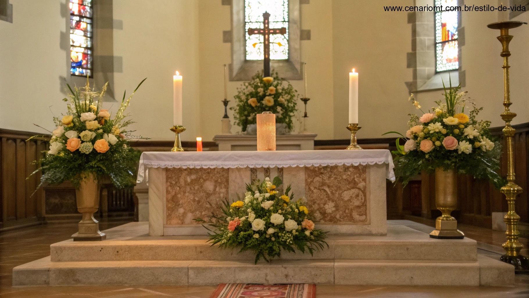 Imagem de um altar de igreja adornado com flores e velas, evocando um momento sagrado de oração católica.