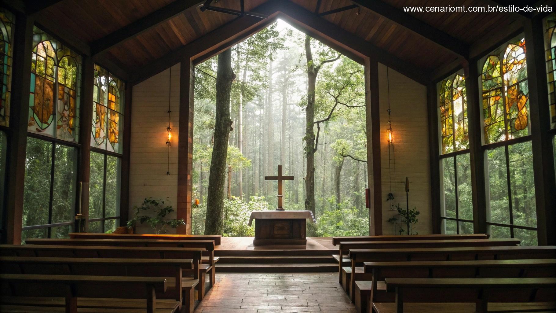 Capela tranquila em uma floresta, com luz suave filtrando através de vitrais, bancos de madeira e um altar simples adornado com uma cruz.