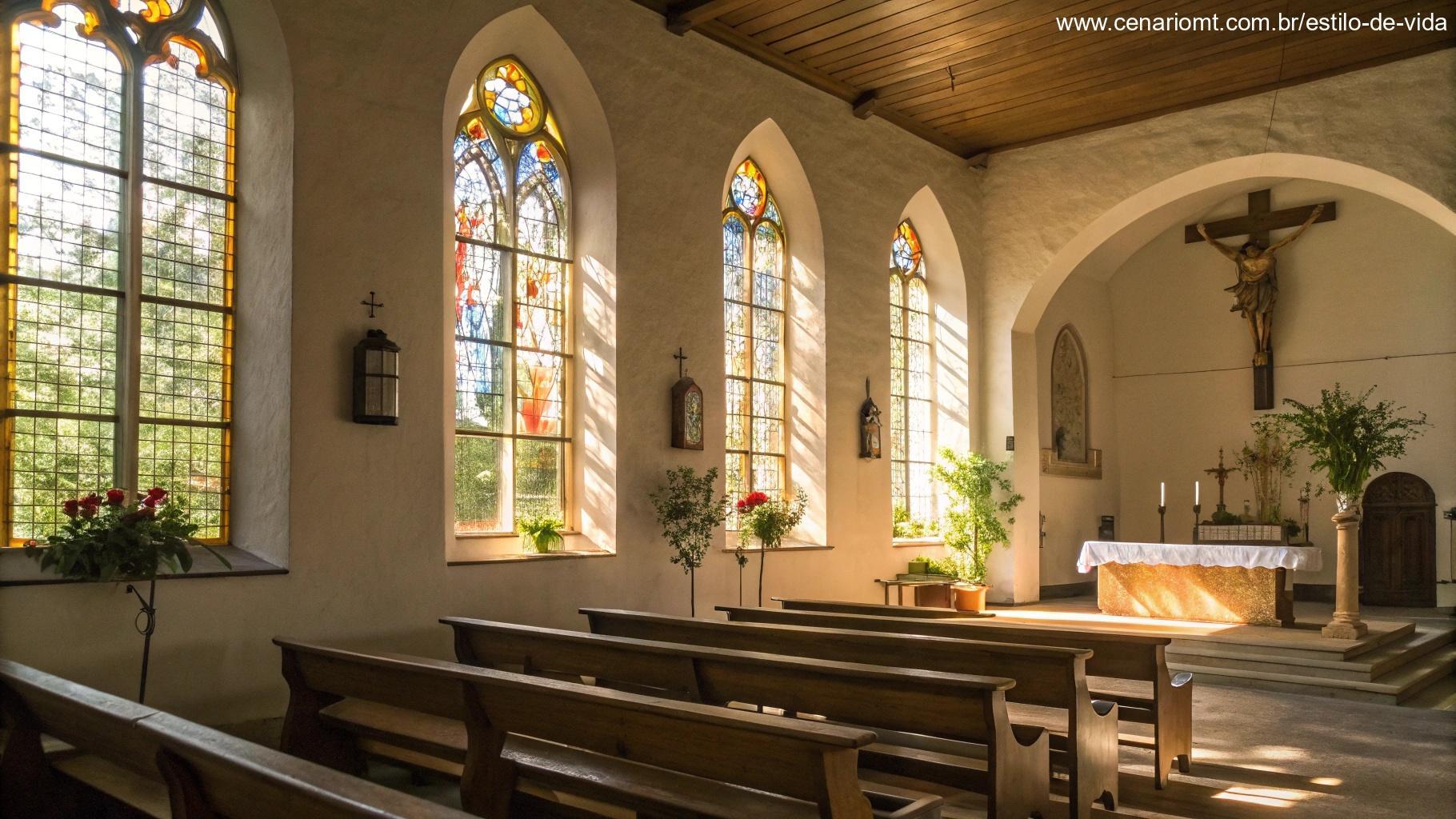 Interior acolhedor de igreja com luz suave natural entrando pelas janelas de vitral, criando uma atmosfera serena para oração e reflexão.