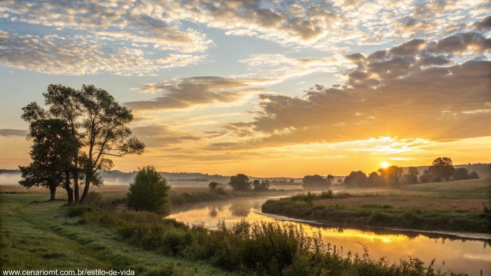 Amanhecer tranquilo sobre uma paisagem serena, simbolizando esperança e renovação para um novo dia de oração.