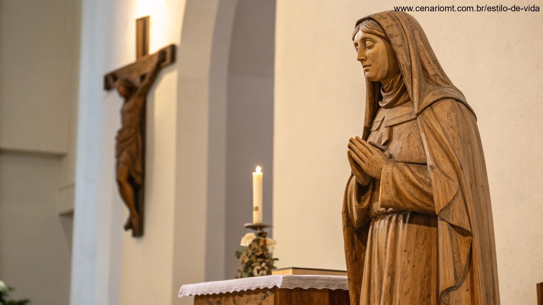 Imagem detalhada de uma estátua de madeira de Santa Rita de Cássia em um altar iluminado suavemente.