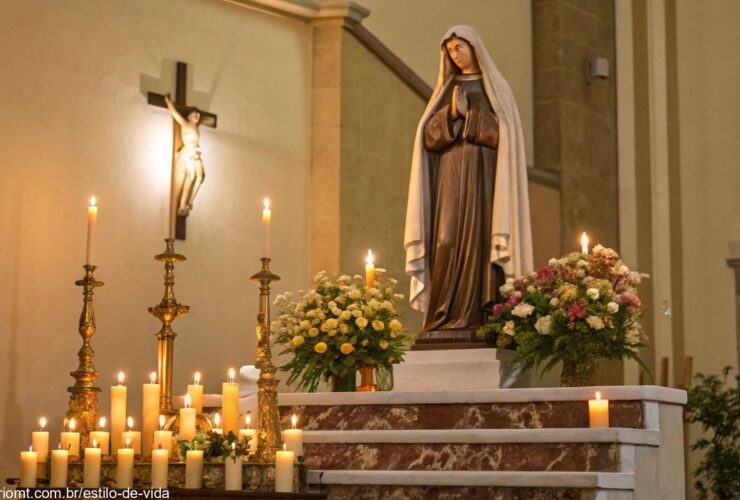 Imagem de um altar de igreja com uma estátua de Santa Rita de Cássia, rodeada por velas e flores.