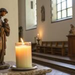 Cena serena de oração com uma vela e uma estátua de Santo Antônio