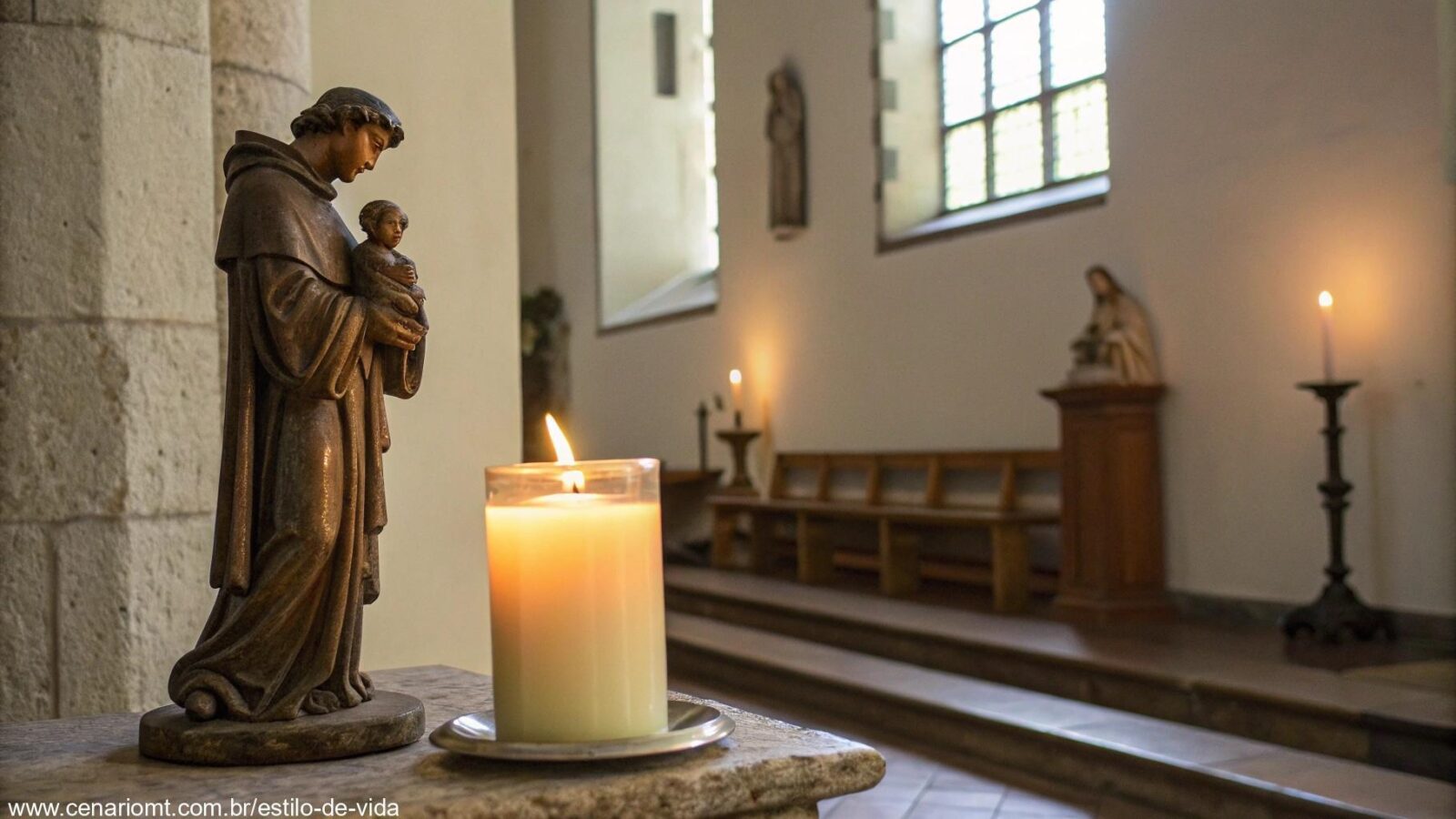 Cena serena de oração com uma vela e uma estátua de Santo Antônio