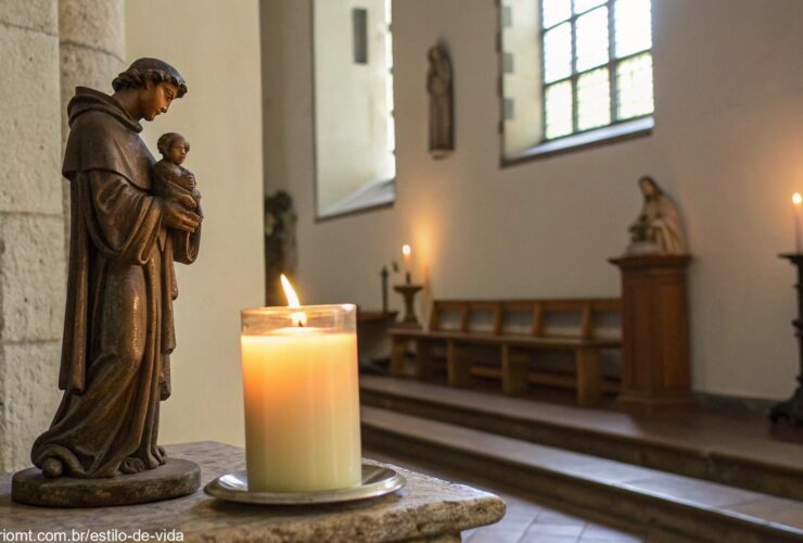 Cena serena de oração com uma vela e uma estátua de Santo Antônio