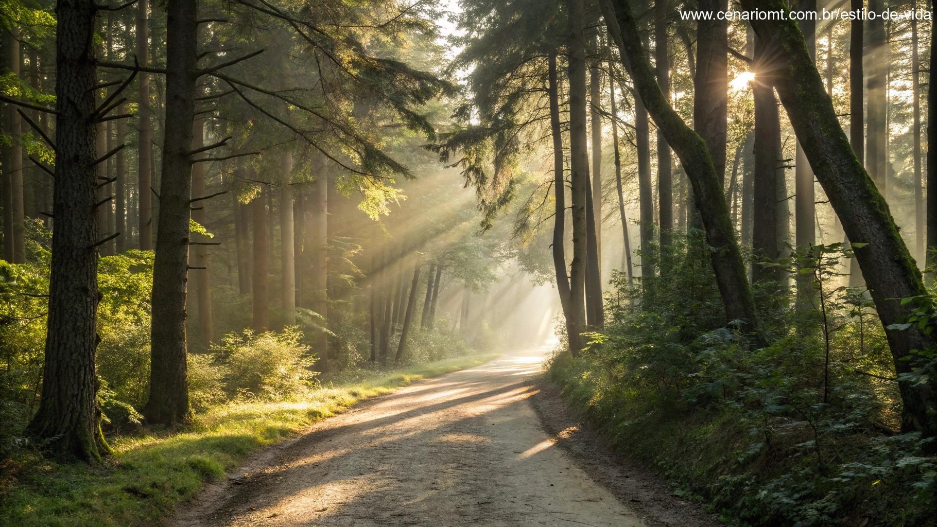Caminho tranquilo na floresta com luz do sol filtrando pelas árvores, representando uma jornada de reflexão e humildade.