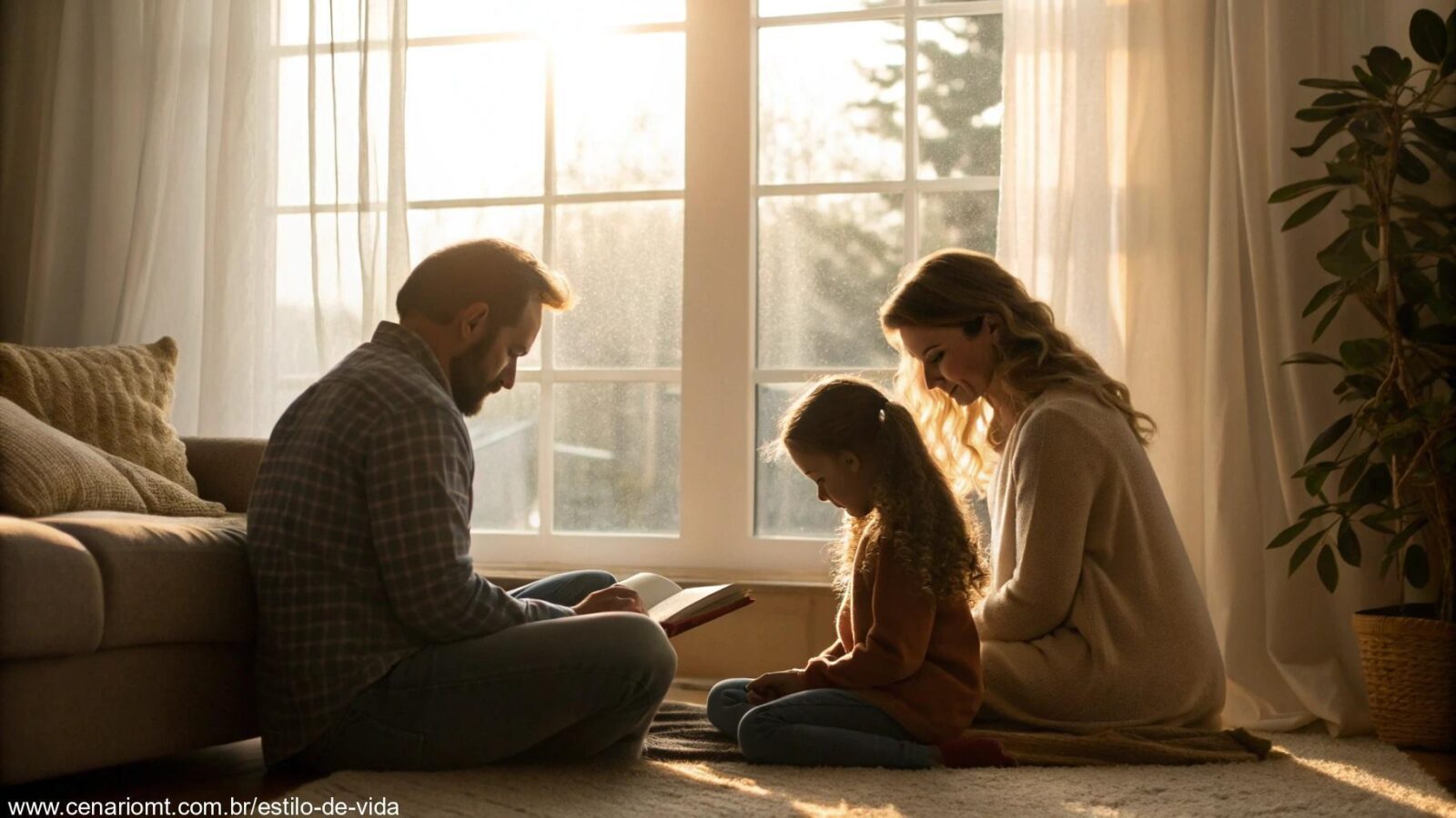 Imagem serena de uma família reunida em casa, simbolizando proteção e união.