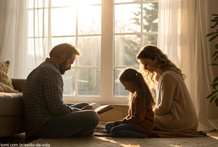 Imagem serena de uma família reunida em casa, simbolizando proteção e união.