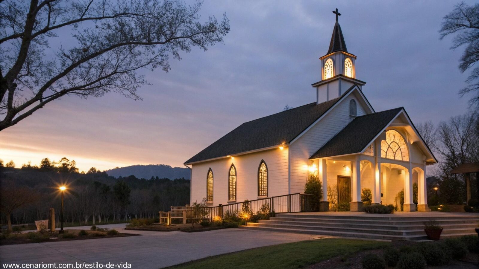 Igreja serena e pacífica com luz suave, refletindo a atmosfera de devoção e oração, ideal para uma meditação sobre a fé.