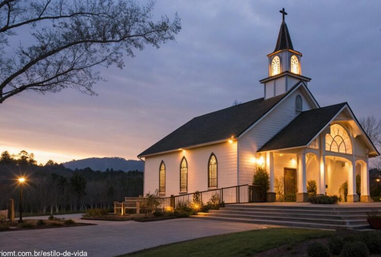 Igreja serena e pacífica com luz suave, refletindo a atmosfera de devoção e oração, ideal para uma meditação sobre a fé.