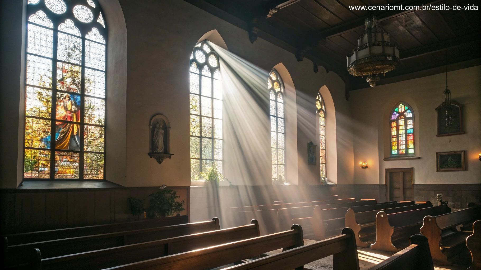 Interior silencioso de uma igreja com luz suave entrando pelas janelas de vitrais.