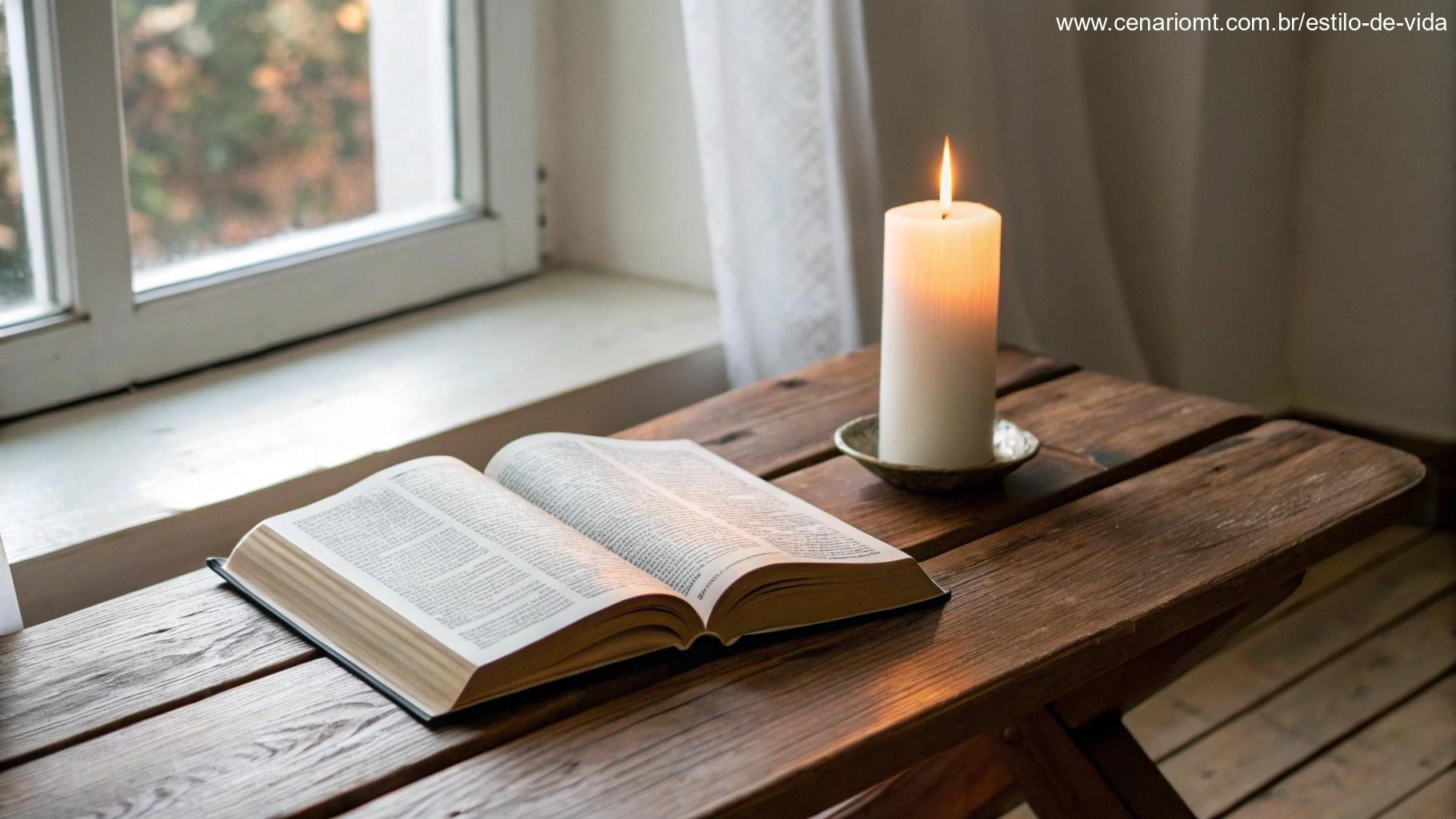 Mesa de madeira simples com uma Bíblia aberta, uma vela acesa e uma atmosfera acolhedora, simbolizando um momento de oração e conexão com Deus.