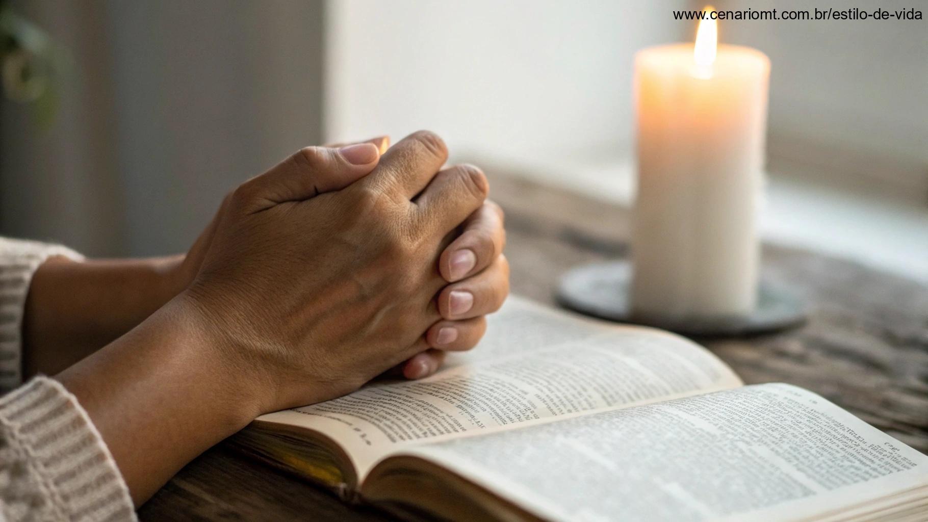 Imagem de mãos entrelaçadas em oração, com uma vela acesa ao fundo e uma bíblia aberta ao lado, simbolizando a conexão com a fé e o aprofundamento da oração.