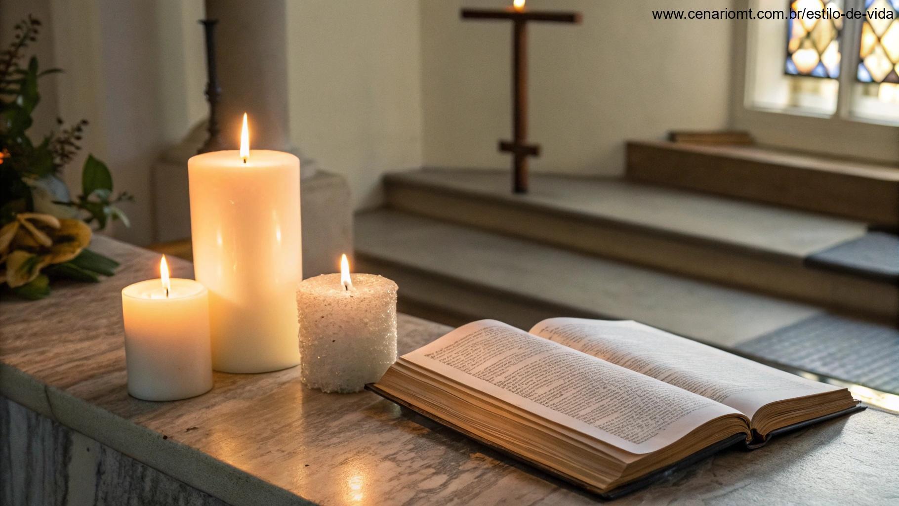 Um cenário calmo e pacífico com velas acesas e um livro de orações, simbolizando uma oração dedicada às mulheres e sua jornada espiritual.