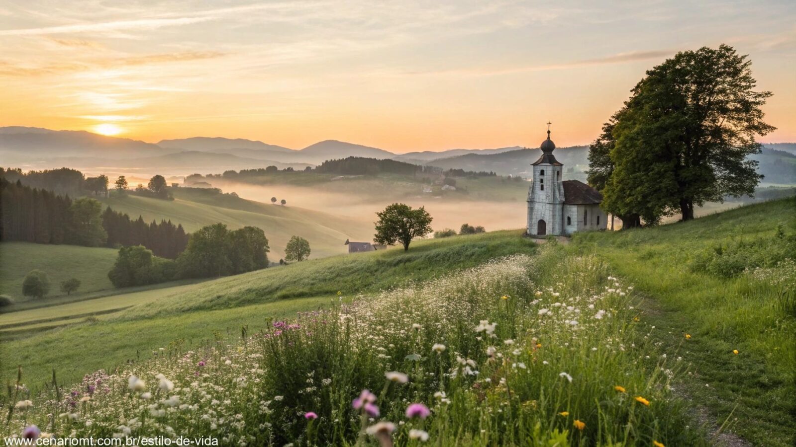 Imagem de um nascer do sol sereno sobre o campo com uma capela ao fundo, cercada por flores e luz suave da manhã