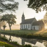 Imagem serena e tranquila de uma igreja no campo com luz suave filtrando através das árvores, criando uma atmosfera calma e reflexiva, ideal para um momento de oração.