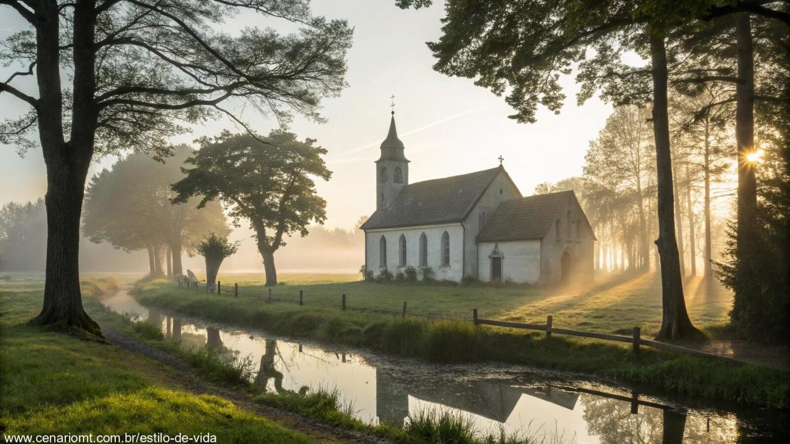 Imagem serena e tranquila de uma igreja no campo com luz suave filtrando através das árvores, criando uma atmosfera calma e reflexiva, ideal para um momento de oração.