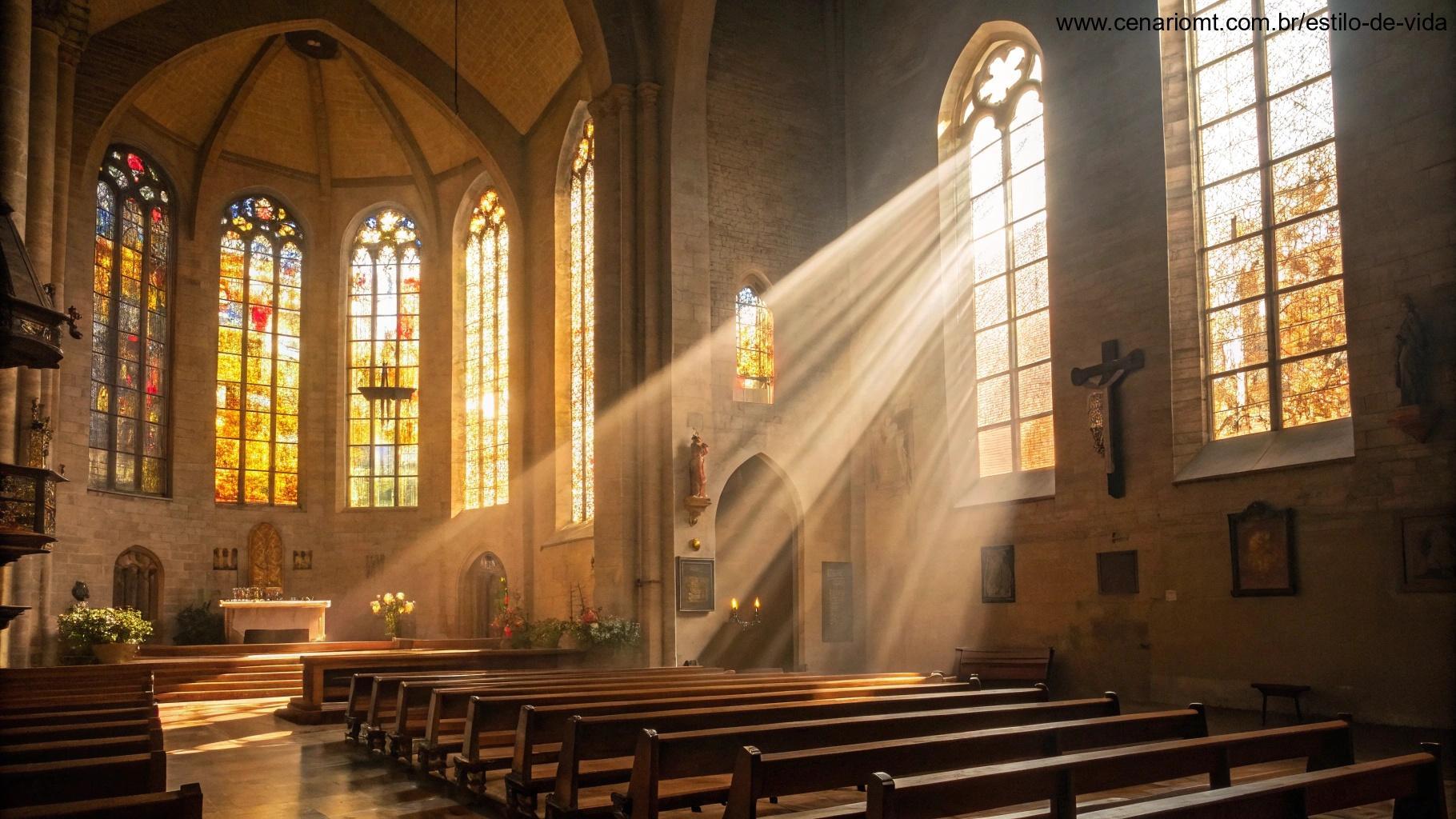 Imagem do interior tranquilo de uma igreja, com luz suave entrando pelas janelas de vitrais.