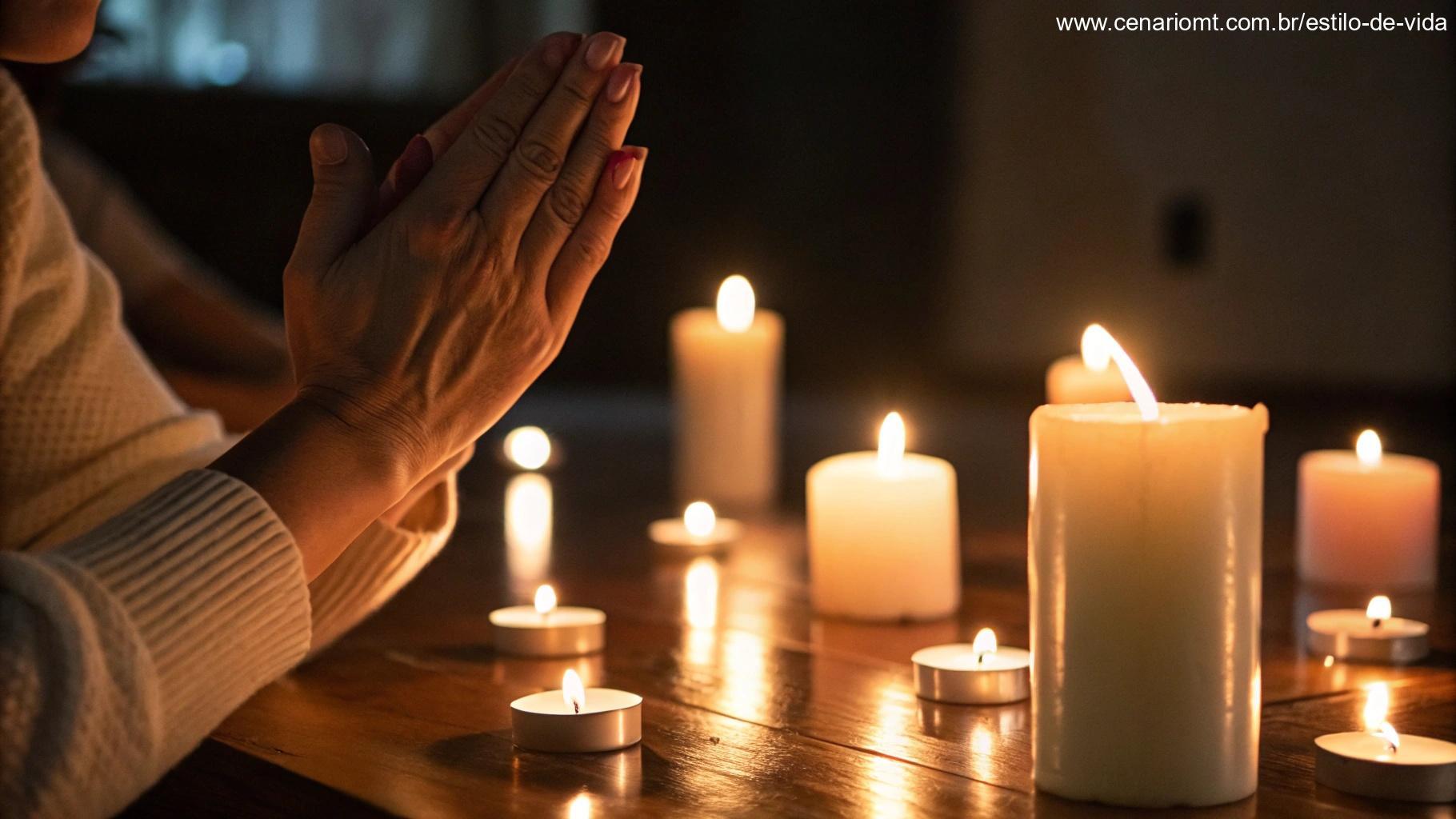 Uma cena pacífica com luz suave de vela e mãos em oração, criando um brilho acolhedor, simbolizando uma oração sincera por paz e esperança.