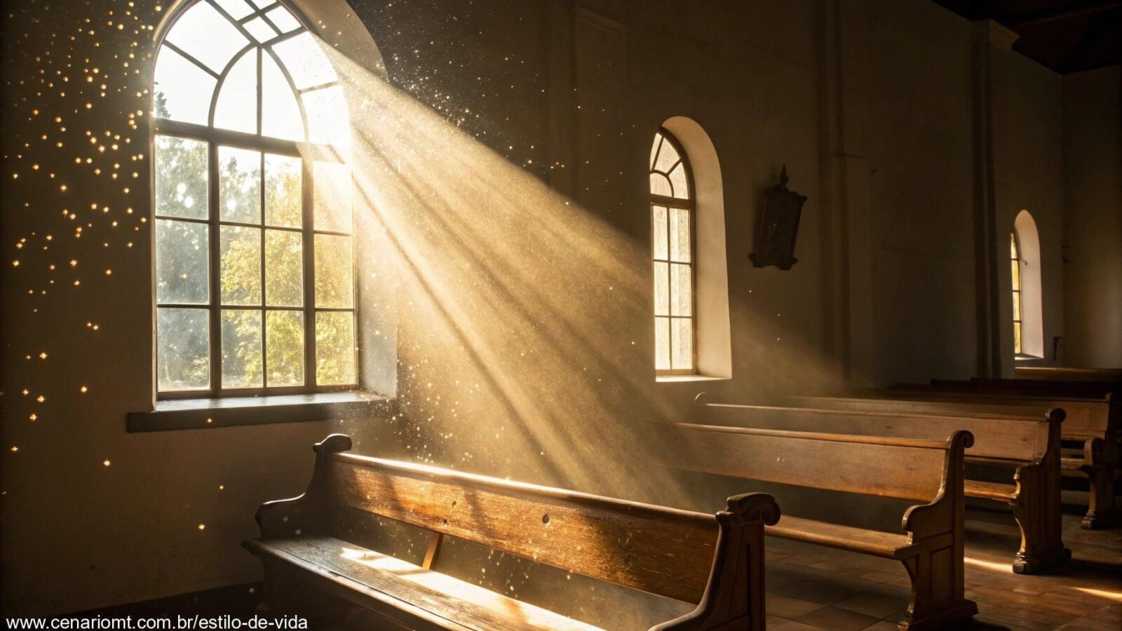 Imagem serena de uma manhã com luz dourada entrando por uma janela de igreja.