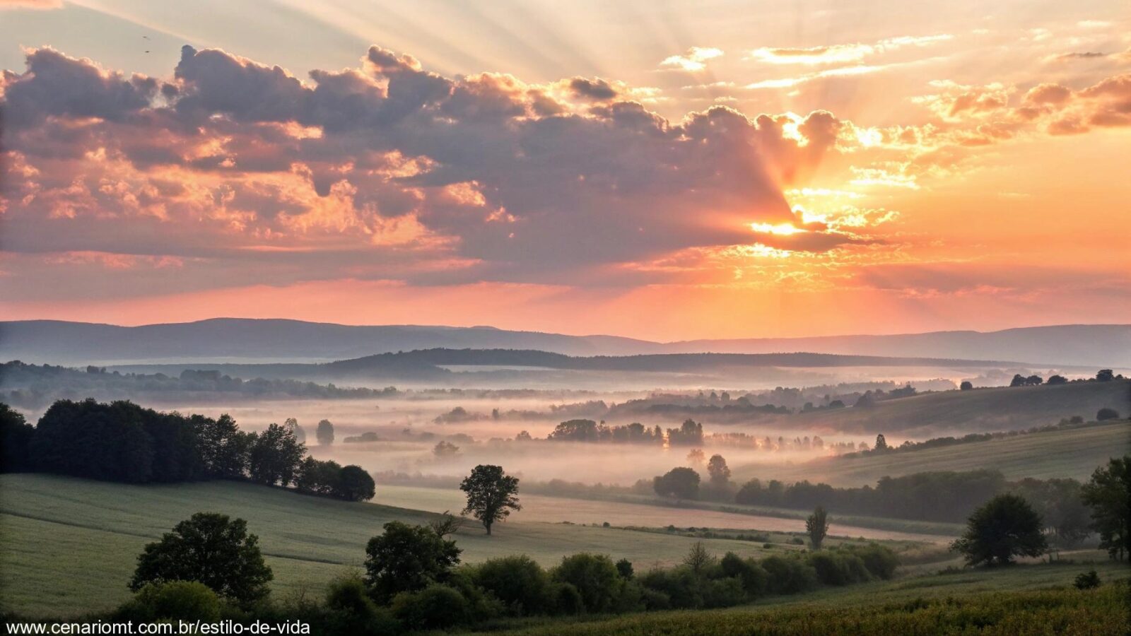 Imagem serena de um amanhecer, com nuvens suaves e luz brilhando, simbolizando esperança e renovação.