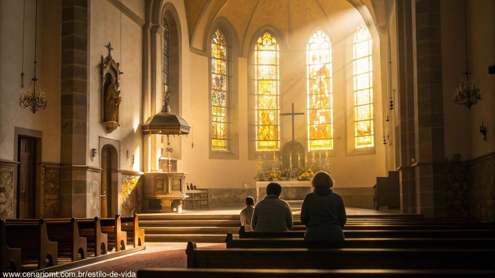 Cena serena de uma igreja com luz filtrando pelas janelas de vitral, iluminando suavemente o altar, com um pequeno grupo de pessoas em oração, refletindo sobre sua fé.