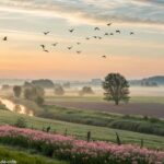 Paisagem serena com um amanhecer tranquilo, luz suave iluminando o horizonte, campo calmo com flores e pássaros voando, atmosfera espiritual ideal para uma oração matinal.