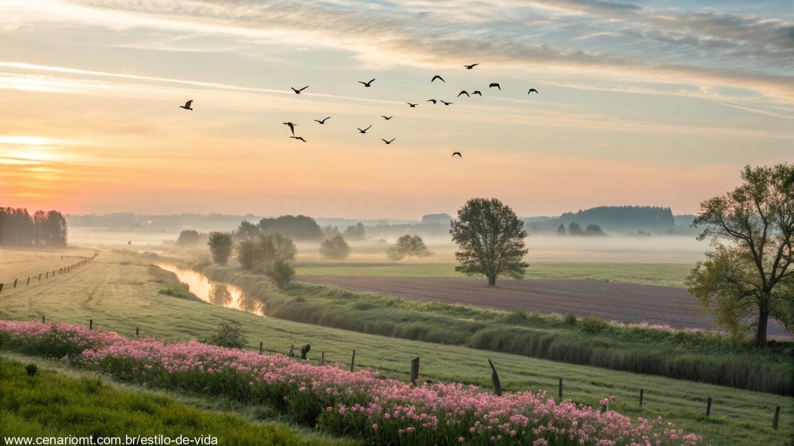 Paisagem serena com um amanhecer tranquilo, luz suave iluminando o horizonte, campo calmo com flores e pássaros voando, atmosfera espiritual ideal para uma oração matinal.